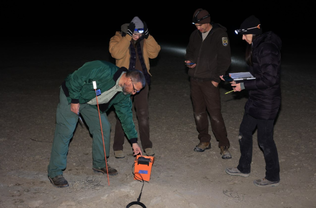Phil Dobesh, wildlife program manager for Nebraska National Forests and Grasslands, demonstrates a ring reader at night to recovery partners Laura Connelly and Jessica Speiser of South Dakota Game, Fish and Parks, and Matt Swarz of the U.S. Fish and Wildlife Service, in the Conata Basin of Buffalo Gap National Grassland.