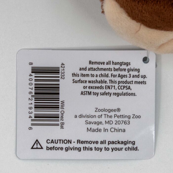 Care tag for the Adopt-A-Bat plush showing ages 3 and up, surface-washable instructions, and item number 421332.