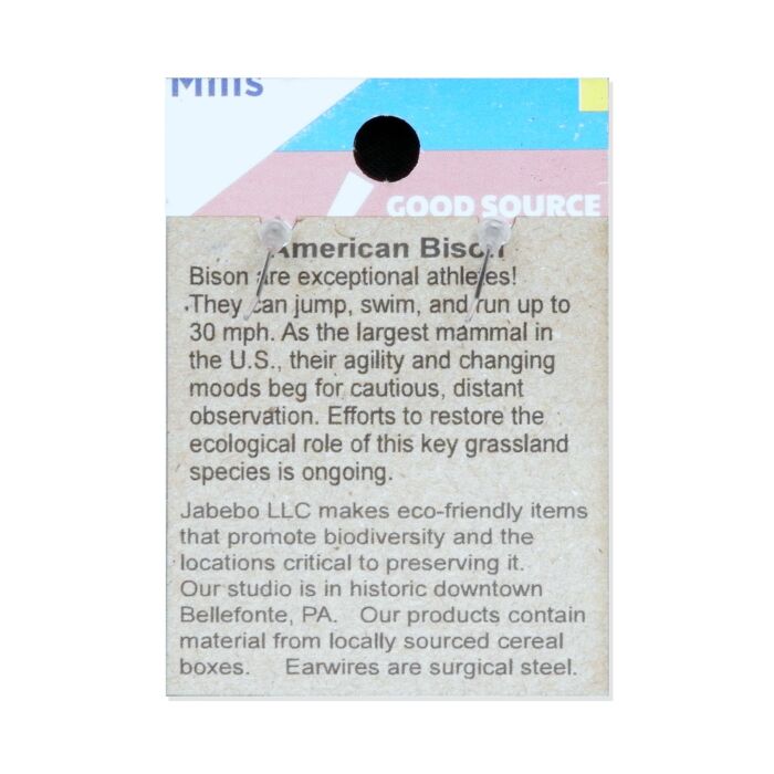 Back of the Jabebo Studio American bison earrings card, with facts about the American bison; earrings are recycled paperboard with surgical-steel earwires.