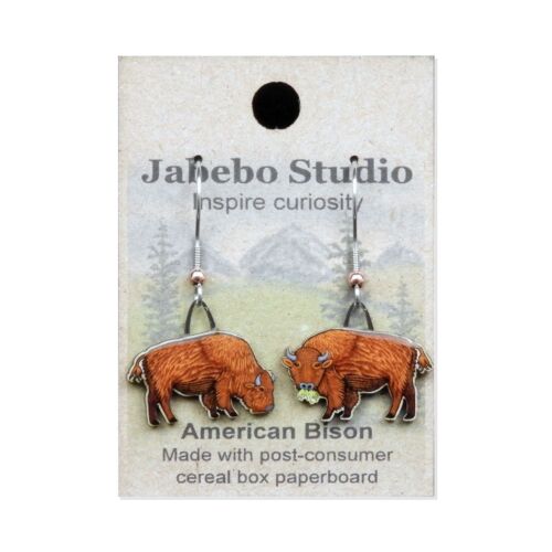 Jabebo Studio dangle earrings shaped like American bison, made of layered recycled paperboard, shown on the product card.
