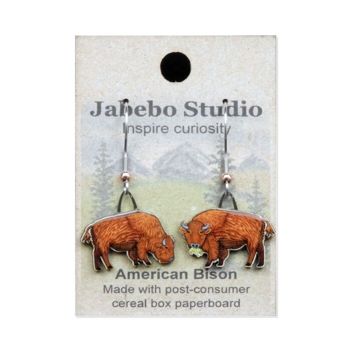 Jabebo Studio dangle earrings shaped like American bison, made of layered recycled paperboard, shown on the product card.