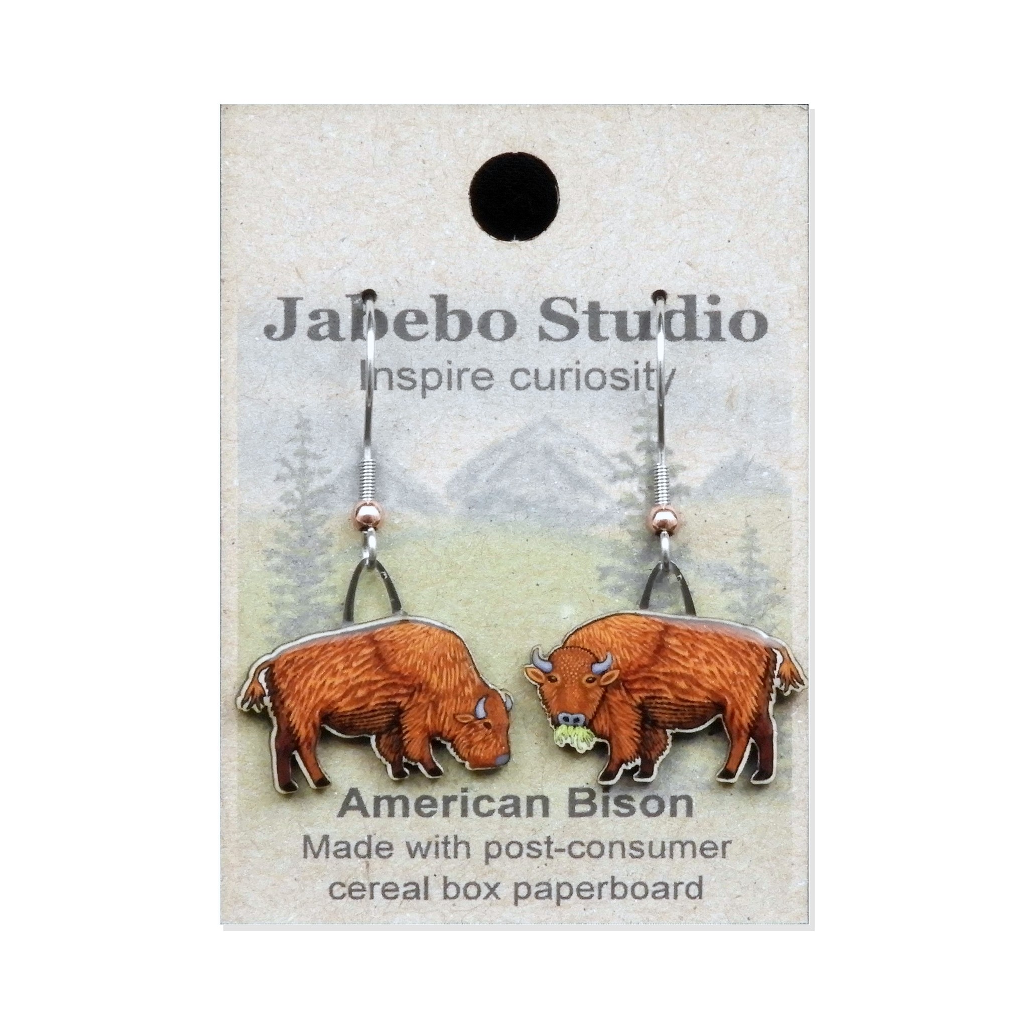 Jabebo Studio dangle earrings shaped like American bison, made of layered recycled paperboard, shown on the product card.