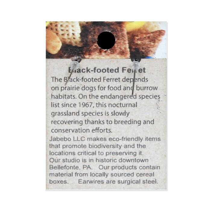 Back of the Jabebo Studio black-footed ferret earrings card, with facts about the black-footed ferret; earrings are recycled paperboard with surgical-steel earwires.