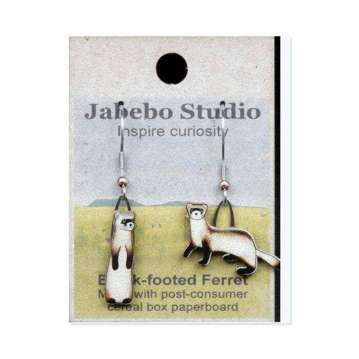 Jabebo Studio dangle earrings shaped like black-footed ferrets, made of layered recycled paperboard, shown on the product card.