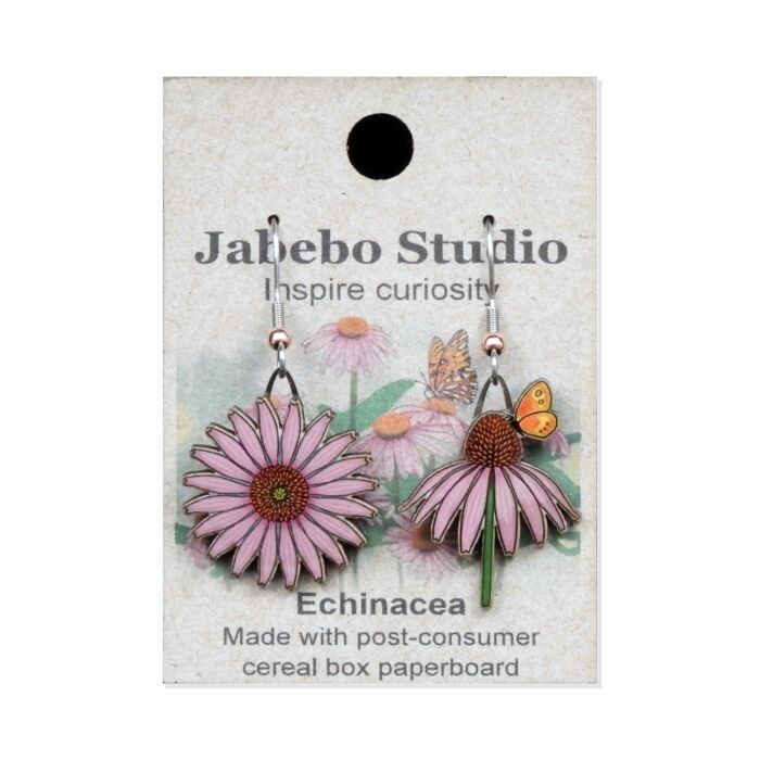 Jabebo Studio dangle earrings shaped like pink echinacea (purple coneflower) blossoms, made of layered recycled paperboard, shown on the product card.