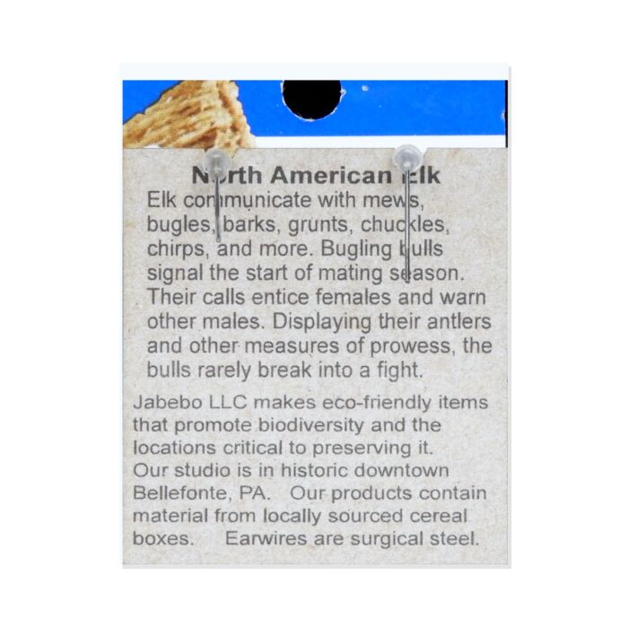 Back of the Jabebo Studio elk earrings card, with facts about the elk; earrings are recycled paperboard with surgical-steel earwires.