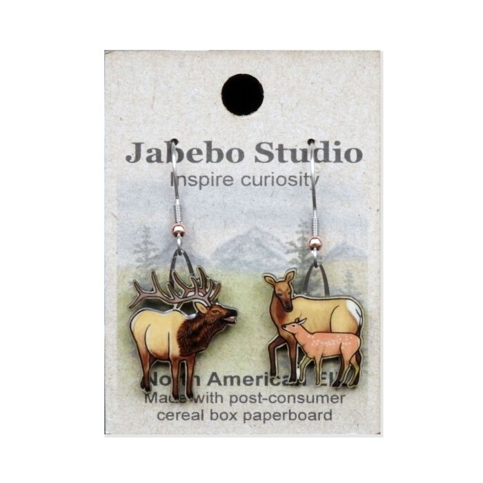 Jabebo Studio dangle earrings shaped like elk, a bull and a cow, made of layered recycled paperboard, shown on the product card.