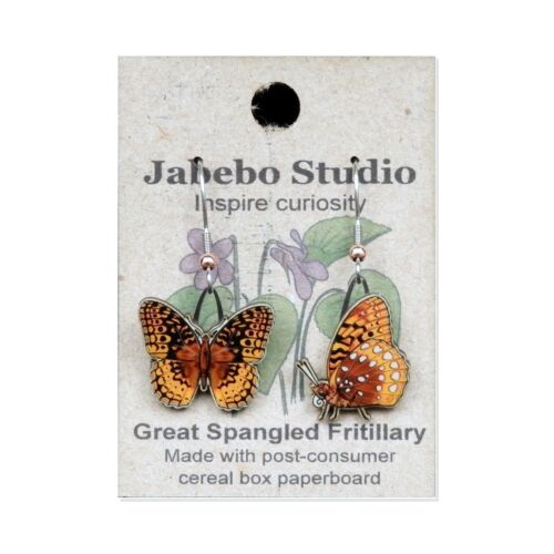Jabebo Studio dangle earrings shaped like orange fritillary butterflies, made of layered recycled paperboard, shown on the product card.