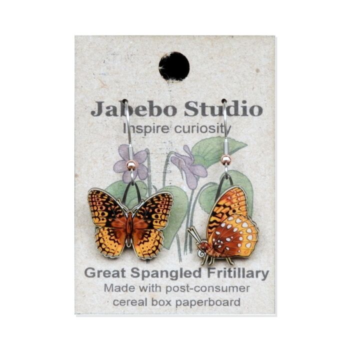Jabebo Studio dangle earrings shaped like orange fritillary butterflies, made of layered recycled paperboard, shown on the product card.