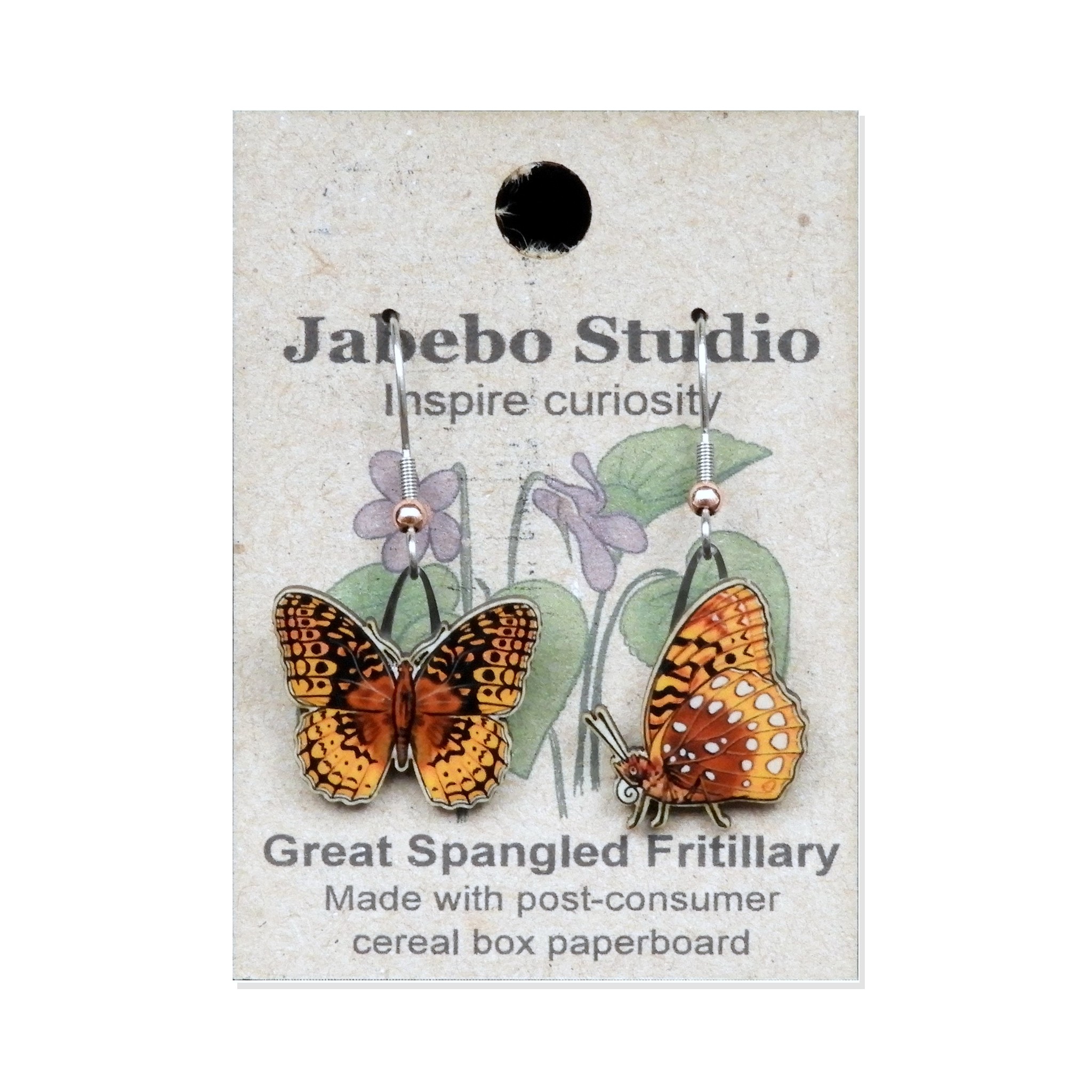 Jabebo Studio dangle earrings shaped like orange fritillary butterflies, made of layered recycled paperboard, shown on the product card.