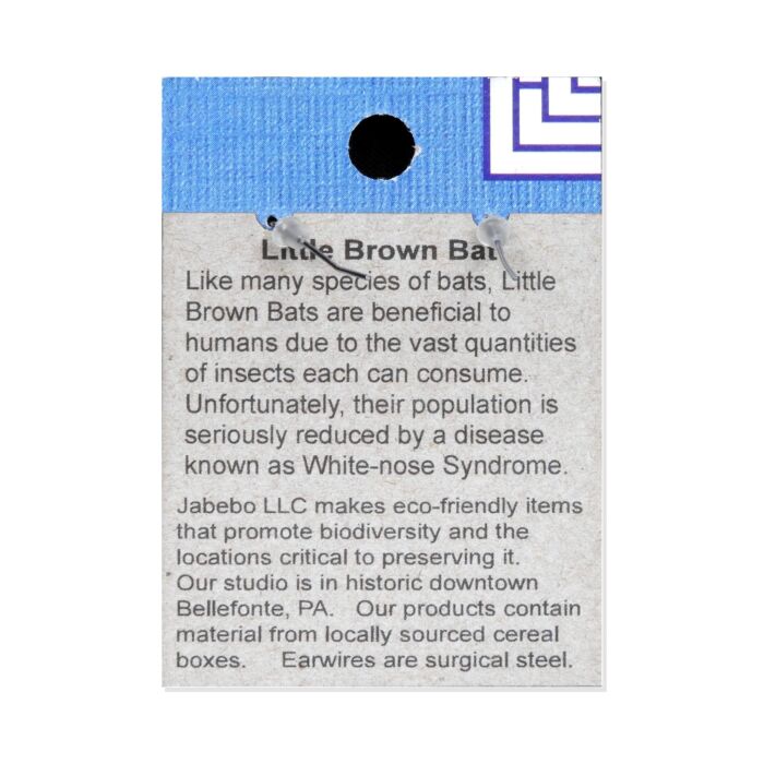 Back of the Jabebo Studio little brown bat earrings card, with facts about the little brown bat; earrings are recycled paperboard with surgical-steel earwires.