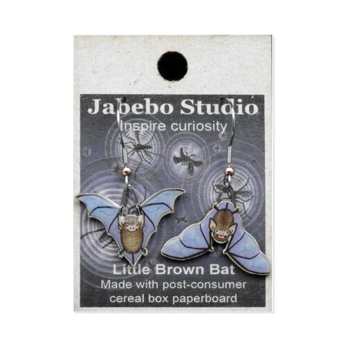 Jabebo Studio dangle earrings shaped like little brown bats, made of layered recycled paperboard, shown on the product card.