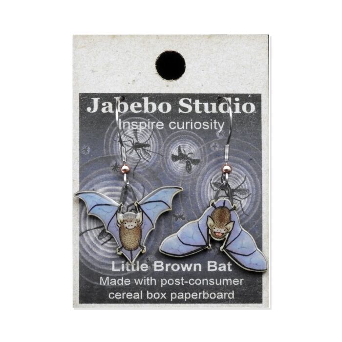 Jabebo Studio dangle earrings shaped like little brown bats, made of layered recycled paperboard, shown on the product card.