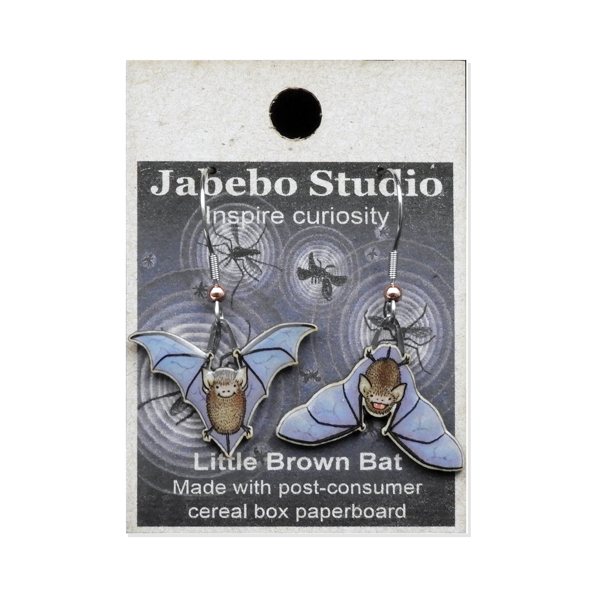 Jabebo Studio dangle earrings shaped like little brown bats, made of layered recycled paperboard, shown on the product card.