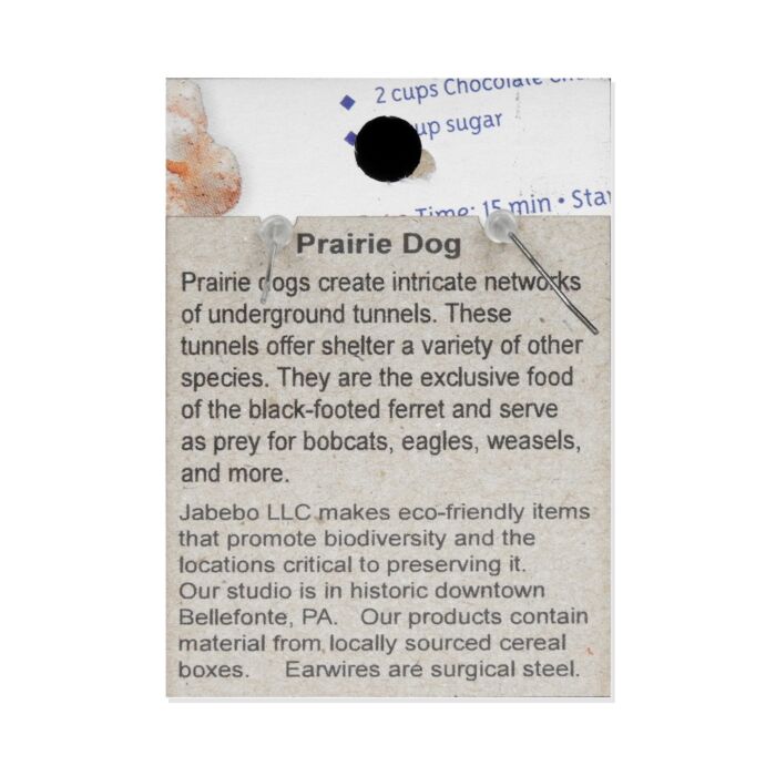 Back of the Jabebo Studio prairie dog earrings card, with facts about the prairie dog; earrings are recycled paperboard with surgical-steel earwires.