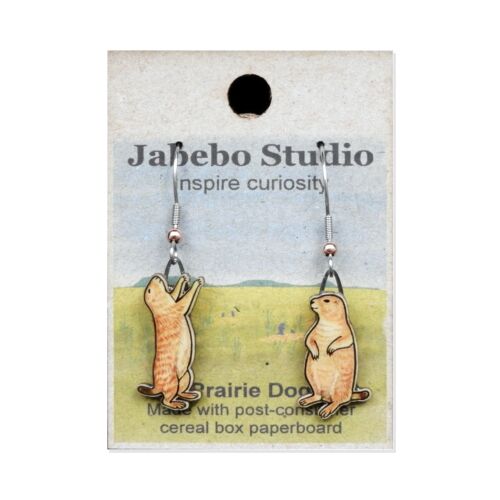 Jabebo Studio dangle earrings shaped like prairie dogs, made of layered recycled paperboard, shown on the product card.