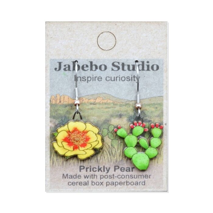 Jabebo Studio dangle earrings shaped like a prickly pear cactus pad and its yellow-orange bloom, made of layered recycled paperboard, shown on the product card.