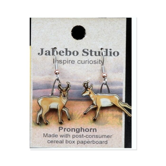 Jabebo Studio dangle earrings shaped like pronghorn antelope, made of layered recycled paperboard, shown on the product card.