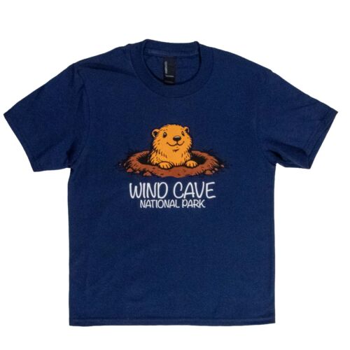 Navy youth short-sleeve t-shirt for Wind Cave National Park, front view, with a cartoon prairie dog popping out of its burrow above the park name.