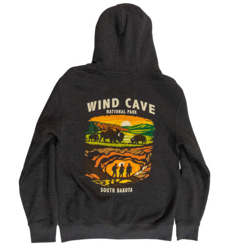 Back of the charcoal Wind Cave hoodie with a color scene of bison on the prairie above cavers exploring the cave below, lettered Wind Cave National Park, South Dakota.