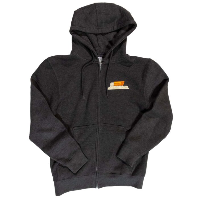 Wind Cave National Park charcoal full-zip hoodie, front view, with the park stone entrance sign printed on the left chest.