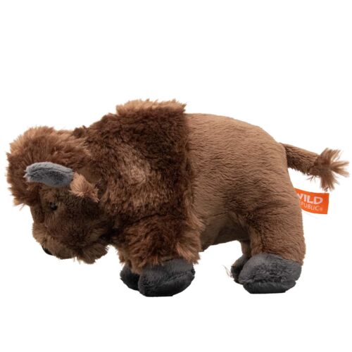 Wild Republic 8 inch plush American bison, left profile, shaggy dark brown cape over the shoulders and hump, smooth tan hindquarters, gray horns and hooves