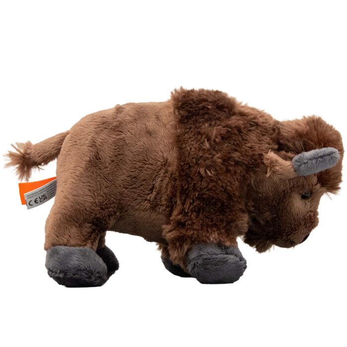 Wild Republic 8 inch plush bison, right profile, standing on four legs with a tufted tail and an orange Wild Republic hangtag