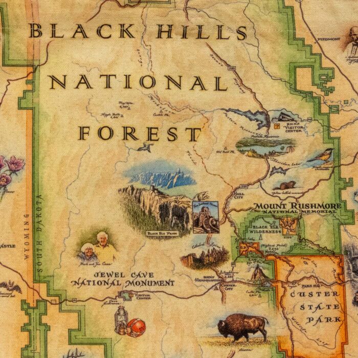 Tote print detail showing Jewel Cave National Monument, Black Elk Peak, and the Black Hills National Forest title lettering