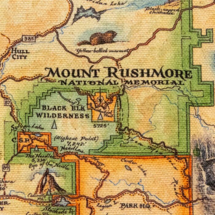 Tote print detail showing Mount Rushmore National Memorial, the Black Elk Wilderness, and the Needles