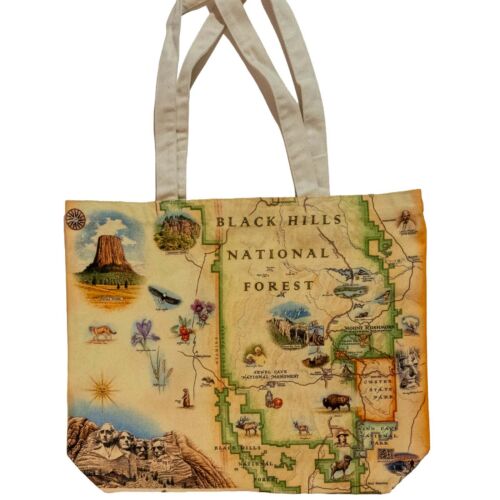 Black Hills National Forest map canvas tote bag, front, hand-drawn Xplorer Maps artwork on natural canvas