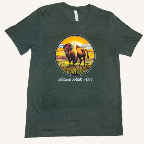 Black Hills Stained Glass Bison t-shirt in heather forest green, front