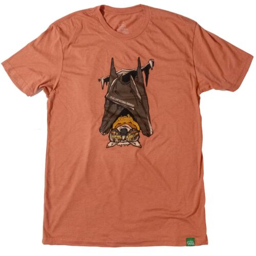 Redwood Jewel Cave National Monument bat t-shirt, front view with the upside-down bat in sunglasses