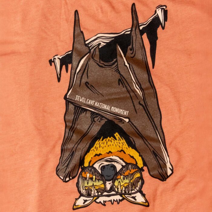 Close-up of the print: a bat hanging upside down from stalactites wearing round sunglasses with a cave scene in the lenses