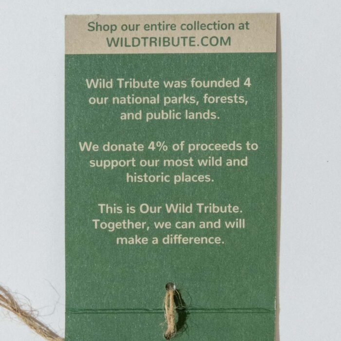 Back of the Wild Tribute hang tag describing the 4 percent donation to national parks and public lands