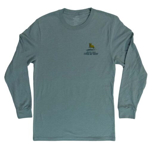 Sage green Jewel Cave National Monument long-sleeve tee, front, with a gold bighorn ram and wordmark on the left chest