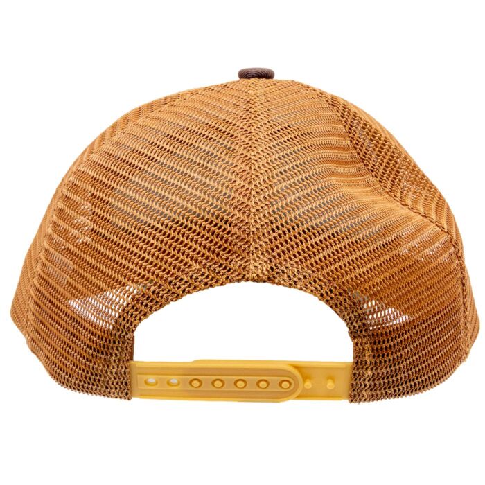Back of the Jewel Cave camper hat showing the caramel mesh panels and gold plastic snapback strap