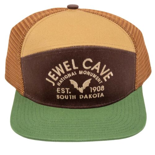 Jewel Cave National Monument camper hat, front, tan and brown panels with a flat green bill and embroidered bat