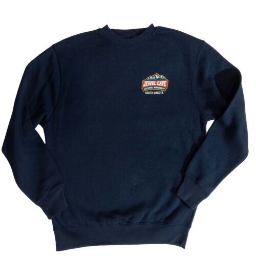 Navy Jewel Cave National Monument crewneck sweatshirt, front with a small badge on the left chest