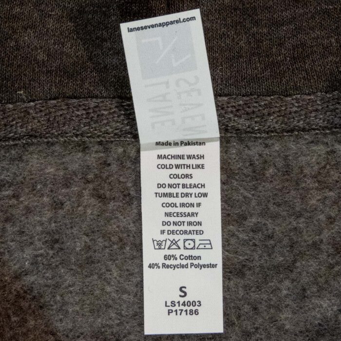 Lane Seven care label: 60 percent cotton, 40 percent recycled polyester, machine wash cold, made in Pakistan, size S