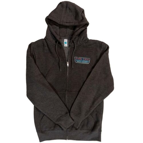 Charcoal Jewel Cave National Monument full-zip hoodie, front with a small sign patch on the left chest