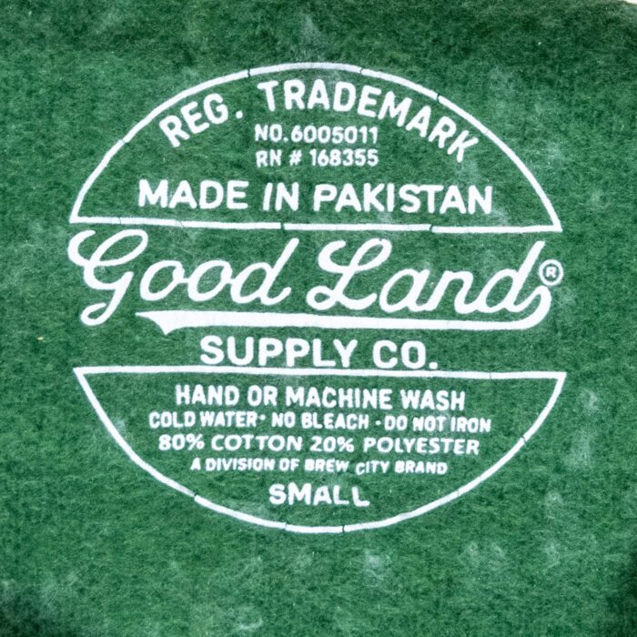 Good Land Supply Co printed care label: 80 percent cotton, 20 percent polyester, made in Pakistan, size Small