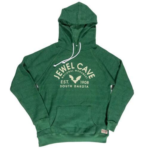 Heather green Jewel Cave National Monument pullover hoodie, front with a Jewel Cave bat graphic and kangaroo pocket
