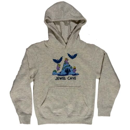 Oatmeal Jewel Cave youth pullover hoodie, front, with a cartoon of three young cavers in headlamps and two bats over a blue cave rock