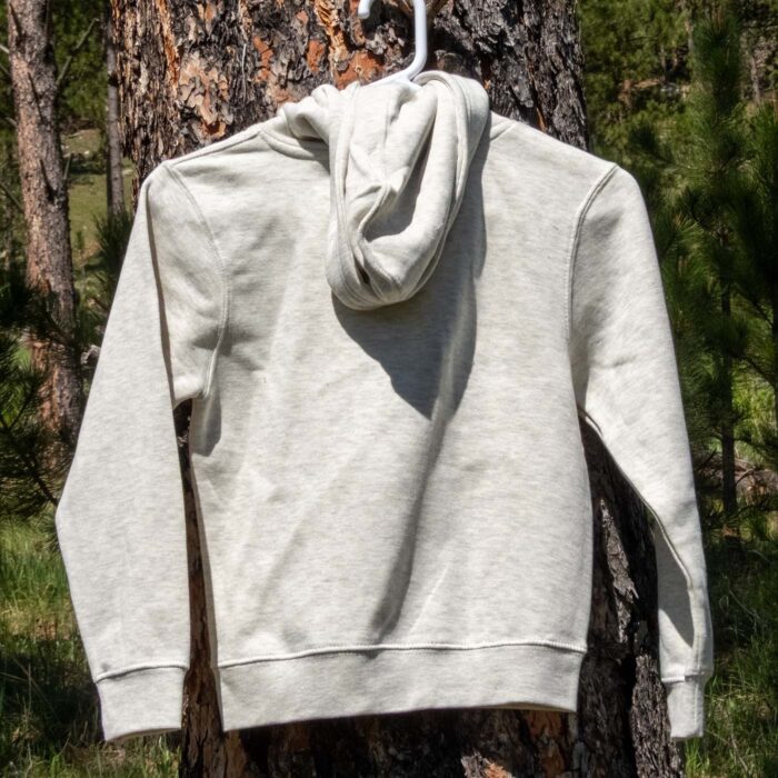 Oatmeal Jewel Cave youth bats hoodie on a hanger outdoors, back view