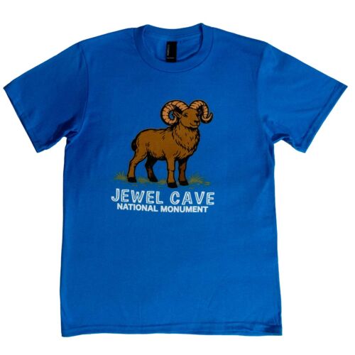 Bright blue Jewel Cave National Monument youth t-shirt, front, with a brown bighorn ram standing in grass above the Jewel Cave National Monument name