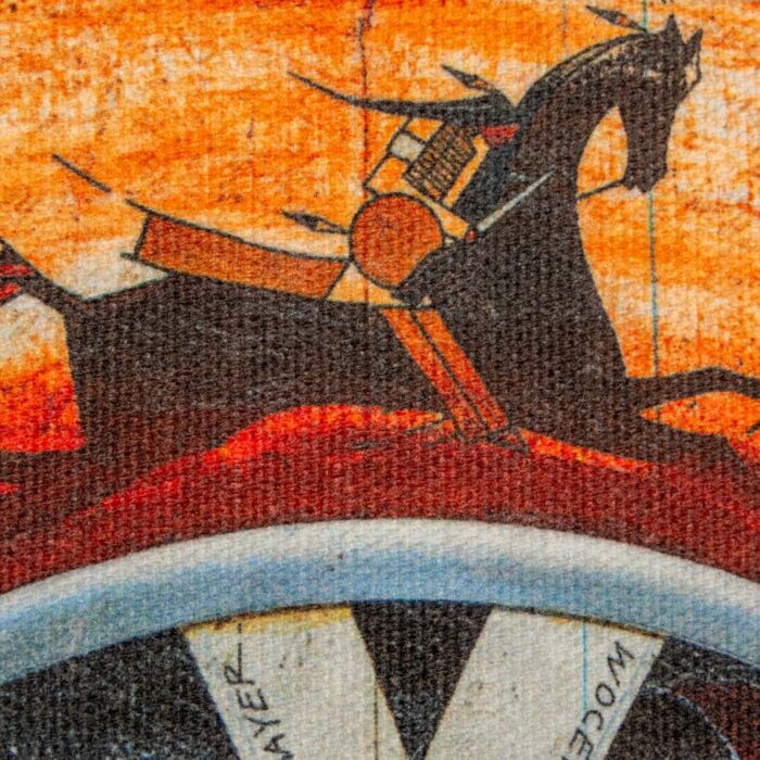 Detail of a ledger-style rider on horseback in the orange band of the Maka Oniye artwork