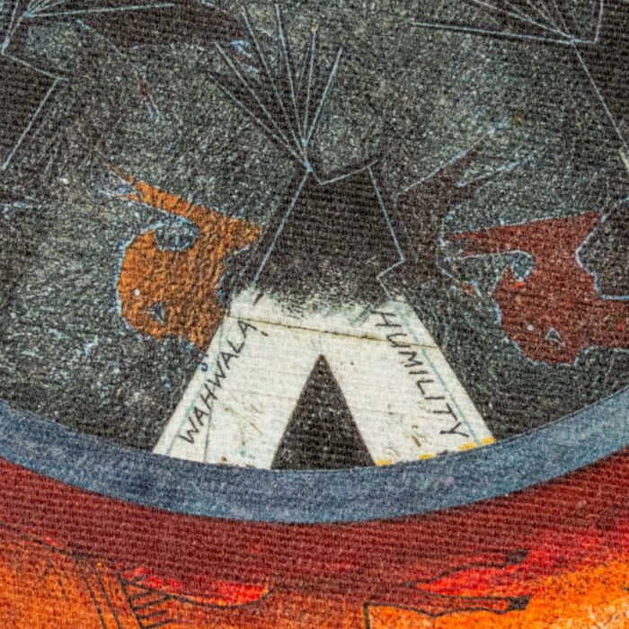 Close-up of a tipi labeled Humility with bison figures in the dark center field of the Maka Oniye artwork