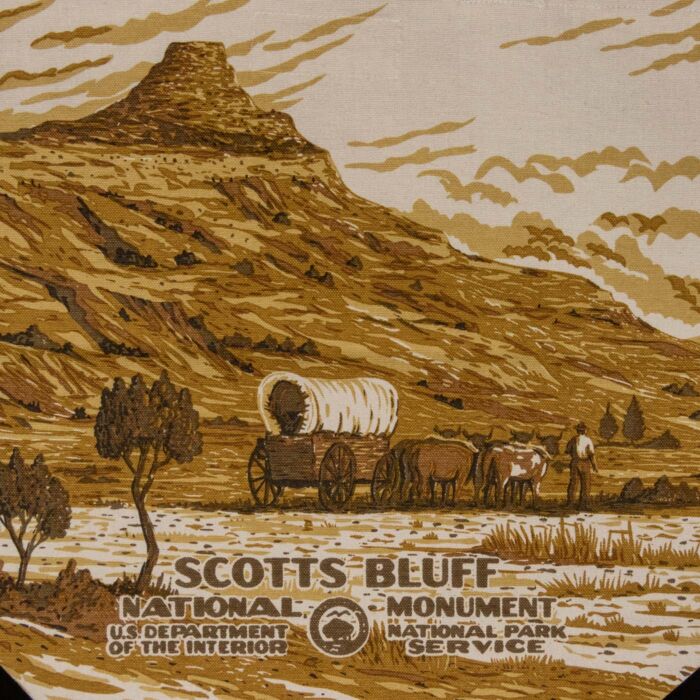 Detail of the single covered wagon and team artwork on the Scotts Bluff canvas tote bag
