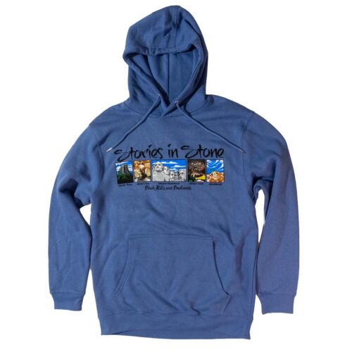 Stories in Stone blue pullover hoodie, full front with five Black Hills and Badlands landmark panels
