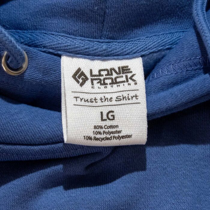 Stories in Stone hoodie fabric and Lone Rock Clothing label, 80 percent cotton fleece blend
